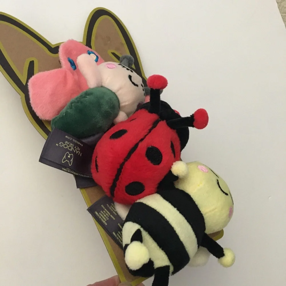 NEW Dog Toys Small Plush 3pk Squeaker & Crinkle Butterfly, Bee, Ladybug | NANDOG
